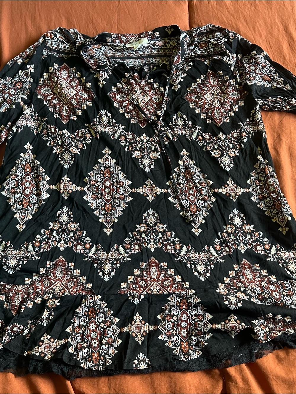 Style & Co. Black Tunic with Rust and Cream Medallion Print, XL, Bell Sleeve